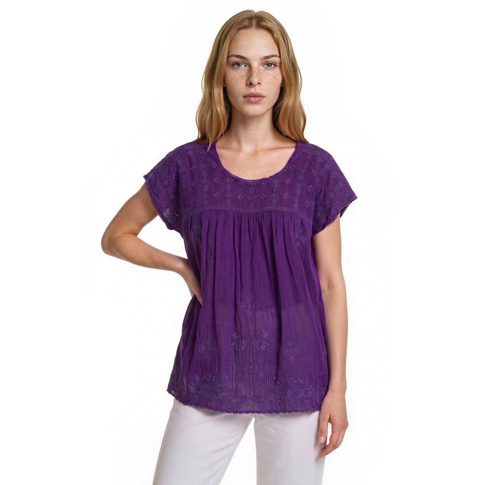 Johnny Was Purple Tunic Top Women's Size Large Eyelet Embroidered Chic Babydoll